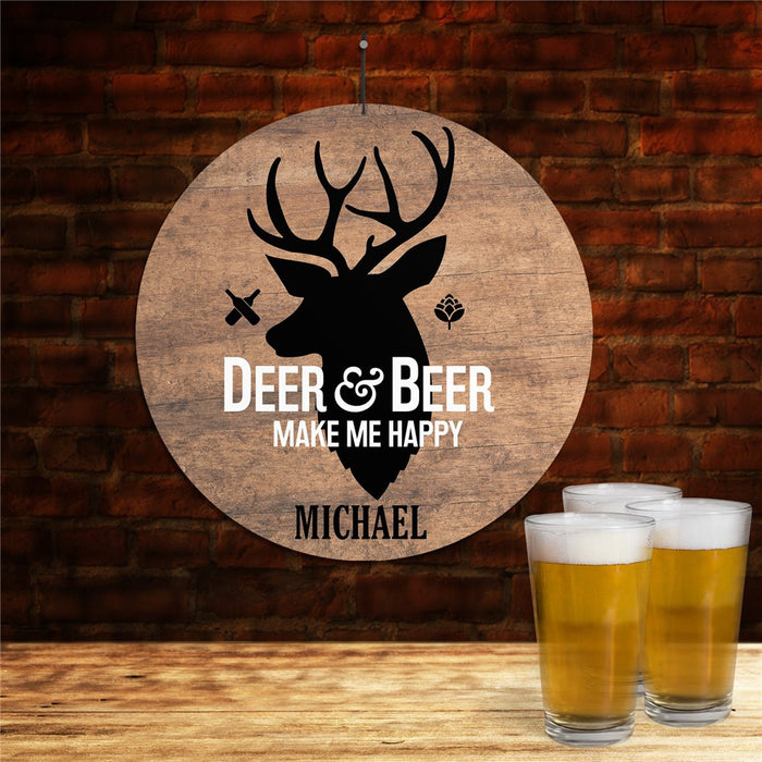 Personalized Deer and Beer Round Wall Sign- Custom Hunting and Drinking Lodge Decor - Way Up Gifts