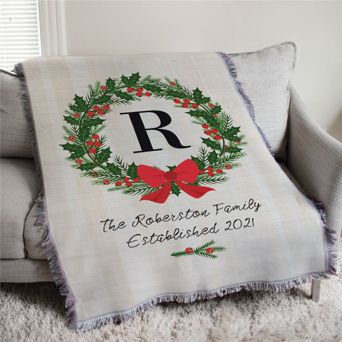 Personalized Christmas Wreath Afghan Throw - Holiday Wreath Blanket - Way Up Gifts