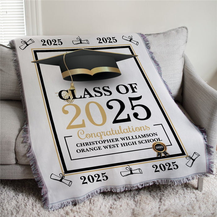 Personalized Grad Cap With Diplomas Along The Edge Afghan Throw 50X60 - Graduation Celebration Throw - Way Up Gifts