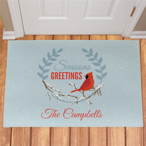 Seasons Greetings Cardinal Personalized Doormat - Custom Holiday Entry Mat - Way Up Gifts