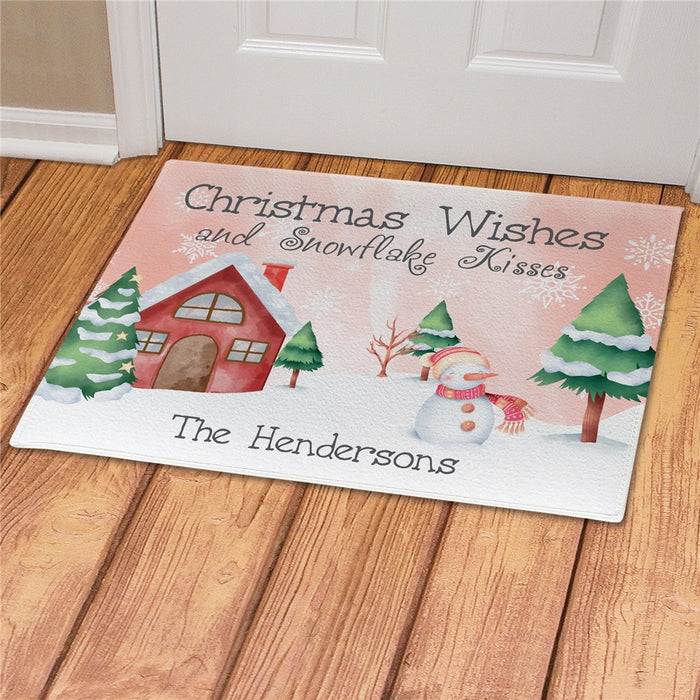 Pink Snow Scene Snowman Personalized Doormat - Custom Winter Welcome Mat - Way Up Gifts