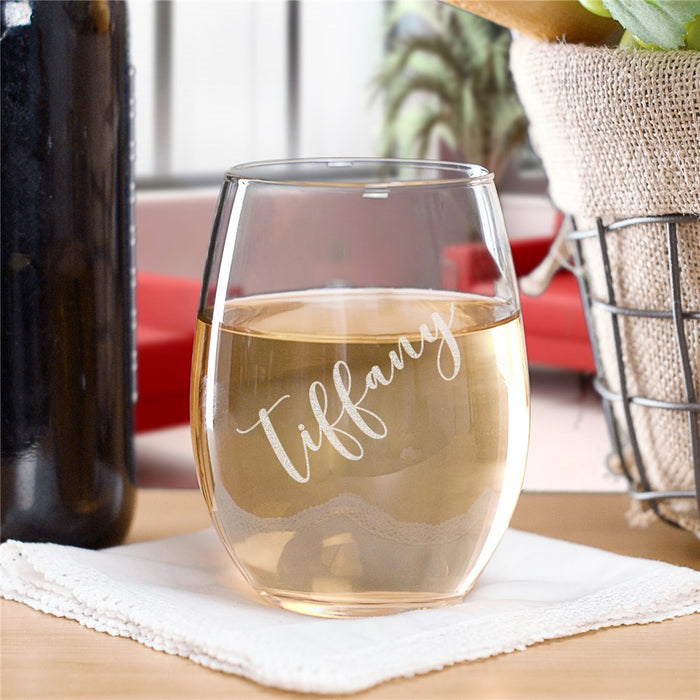 Engraved Script Name Stemless Wine Glass - Custom Bridesmaid Gift - Way Up Gifts