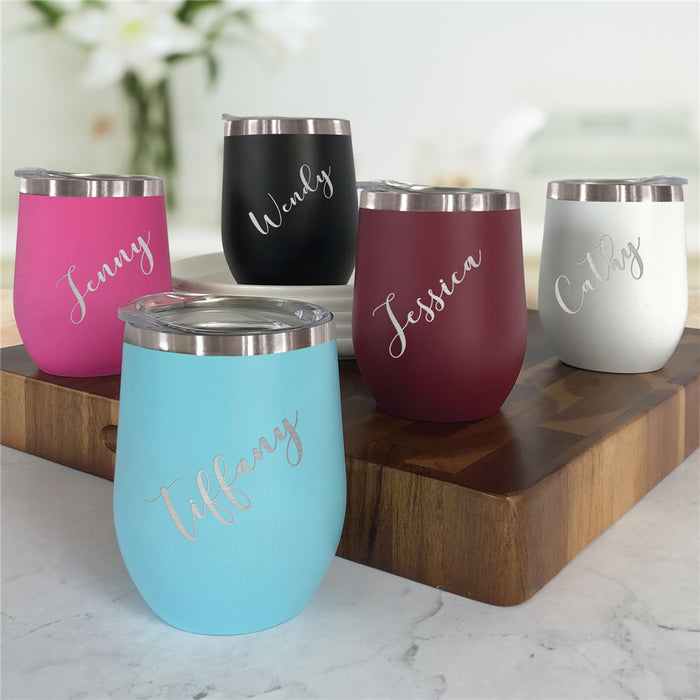 Custom Stemless Wine Tumbler - Engraved Script Name Design - Way Up Gifts