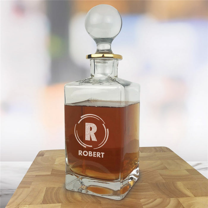 Custom Groomsmen Gold Rim Decanter - Engraved Circular Lines Design - Way Up Gifts