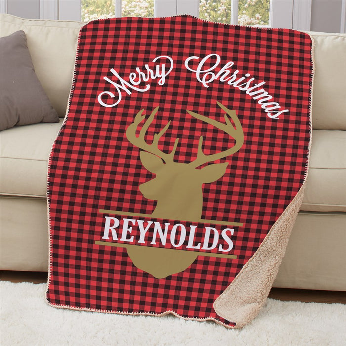 Personalized Plaid Deer Christmas Sherpa Blanket - Rustic Holiday Plaid Blanket - Way Up Gifts