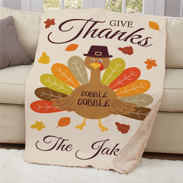 Personalized Give Thanks Turkey With Hat 50X60 Sherpa Blanket - Thanksgiving Holiday Throw - Way Up Gifts