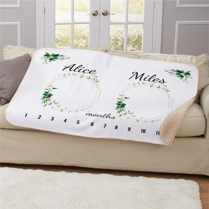 Personalized Frames With Leaves Baby Monthly Milestone 50X60 Sherpa Blanket - Baby Growth Tracker Blanket - Way Up Gifts