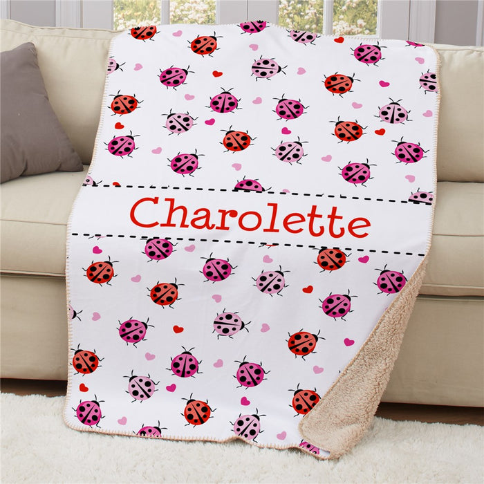 Personalized Ladybugs Sherpa Blanket - Cute Insect Theme Kids Blanket - Way Up Gifts