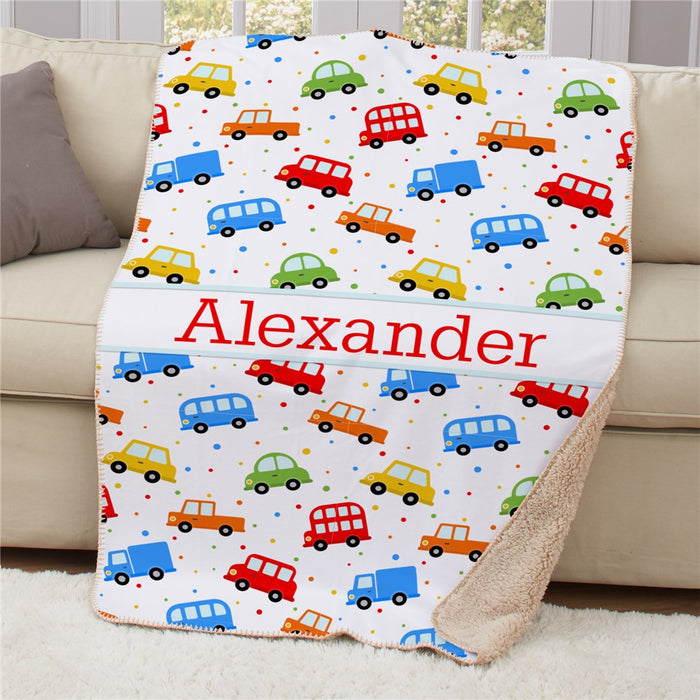 Personalized Cars Sherpa Blanket - Kids Car Themed Blanket - Way Up Gifts