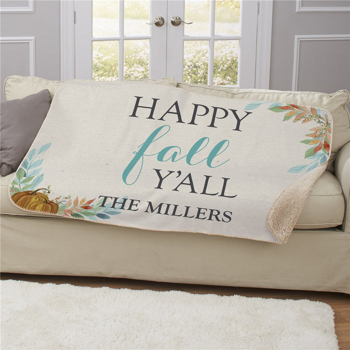 Personalized Happy Fall Y'All Sherpa Blanket - Fall Season Personalized Cozy Blanket - Way Up Gifts