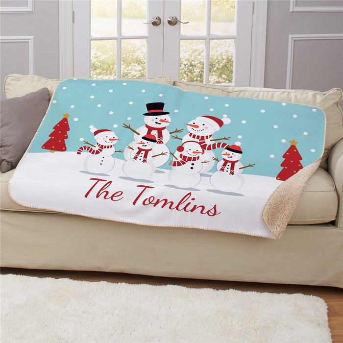 Personalized Snowmen Family Sherpa Blanket - Custom Holiday Snowman Throw - Way Up Gifts