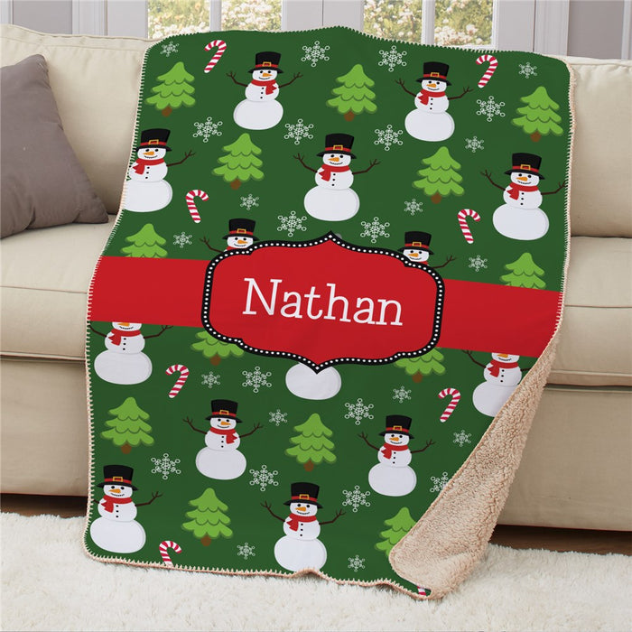 Personalized Snowmen Sherpa Blanket 50x60 - Large Winter Snowman Blanket - Way Up Gifts
