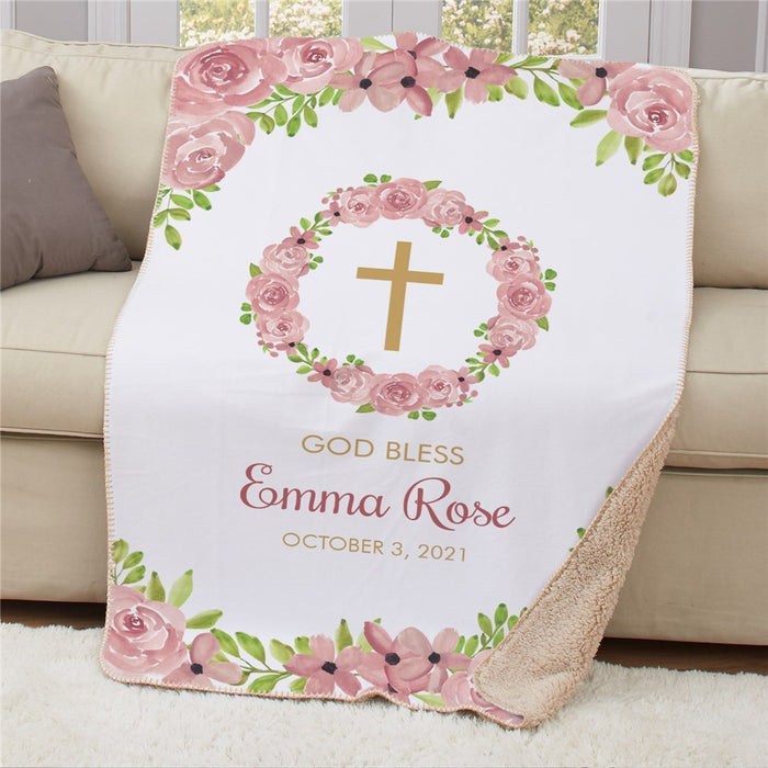 Personalized Floral Baptism Sherpa Blanket - Religious Baptism Gift - Way Up Gifts