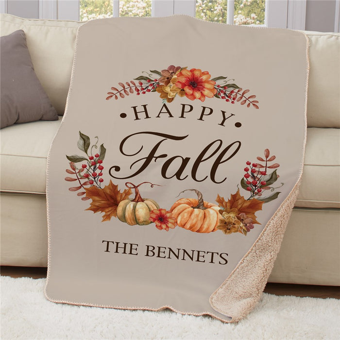 Personalized Happy Fall With Leaves And Pumpkins Sherpa Blanket - Autumn Leaf Throw - Way Up Gifts