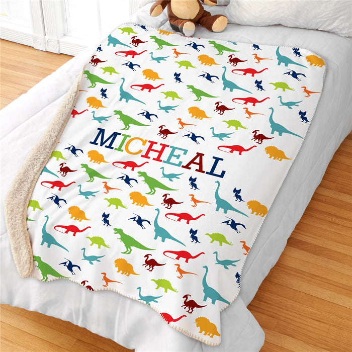 Personalized Colorful Dino Sherpa Blanket - Vibrant Dinosaur Kids Blanket - Way Up Gifts