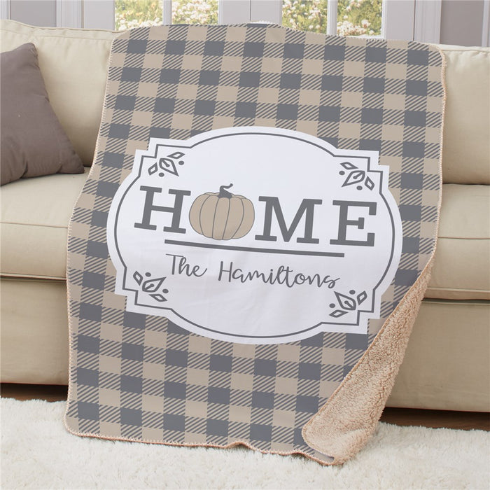 Personalized Home Pumpkin Plaid Sherpa Blanket - Cozy Fall Throw - Custom Autumn Decor - Way Up Gifts