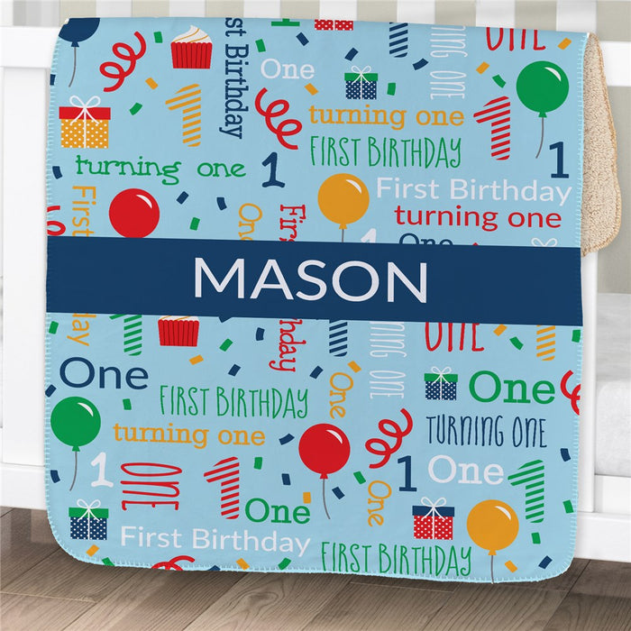 Personalized First Birthday Word Art Baby Blanket - Custom 1st Birthday Gift - Way Up Gifts