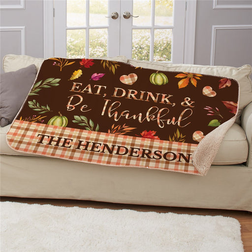 Personalized Eat Drink & Be Thankful 37" X 57" Sherpa Blanket - Thanksgiving Holiday Throw - Way Up Gifts