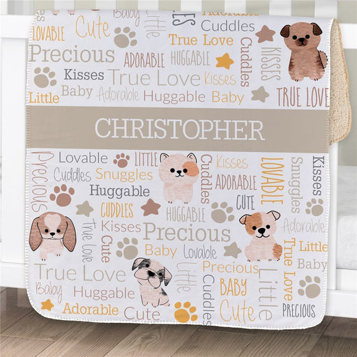 Personalized Puppies and Stars Baby Sherpa Blanket 30" x 40" - Puppy Themed Infant Blanket - Way Up Gifts