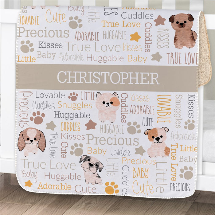 Personalized Puppies and Stars Baby Sherpa Blanket 30" x 40" - Puppy Themed Infant Blanket - Way Up Gifts