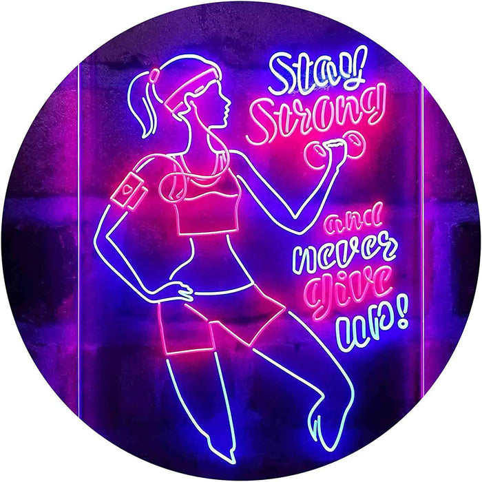 Motivational Quote Women Gym Stay Strong Never Give Up Fitness LED Light Sign - Way Up Gifts