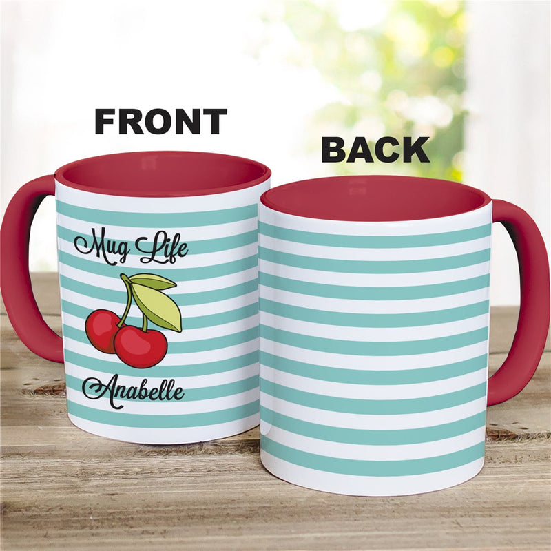 Red Stripes & Cherries Mug - Personalized Mug with Red Handle - LED Gift Works