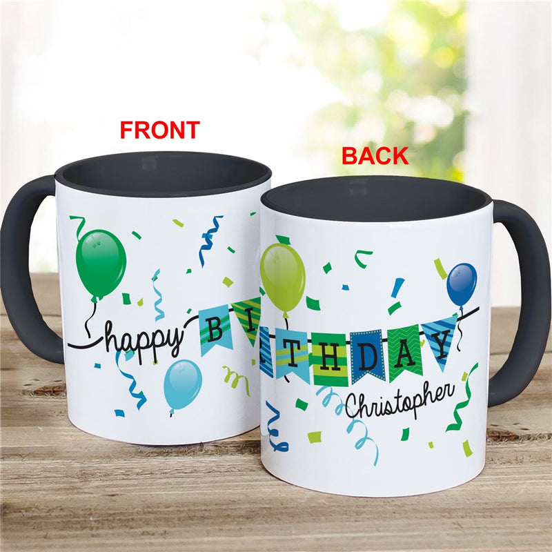Green and Blue Happy Birthday Banner Mug - Custom Birthday Mug with Festive Banner - LED Gift Works