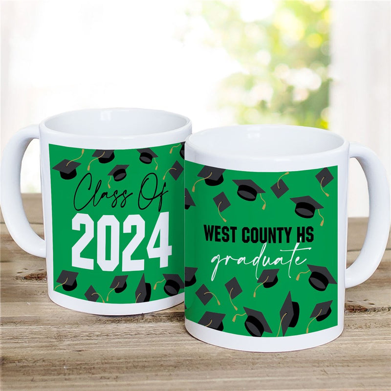 Flying Grad Caps with Year and School Coffee Mug - Custom Graduation Celebration Mug - LED Gift Works