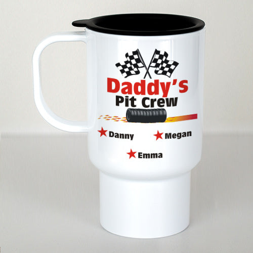 Personalized Daddy’s Pit Crew White Travel Mug – Custom Kids’ Names Insulated Coffee Mug for Dad – Father’s Day Gift - Way Up Gifts