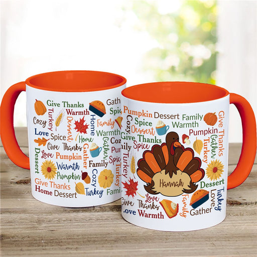 Thanksgiving Word Art Turkey Mug - Personalized Holiday Coffee Mug - Way Up Gifts
