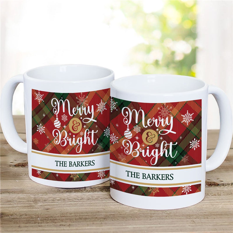 Merry & Bright Plaid Mug - Personalized Festive Plaid Mug - LED Gift Works