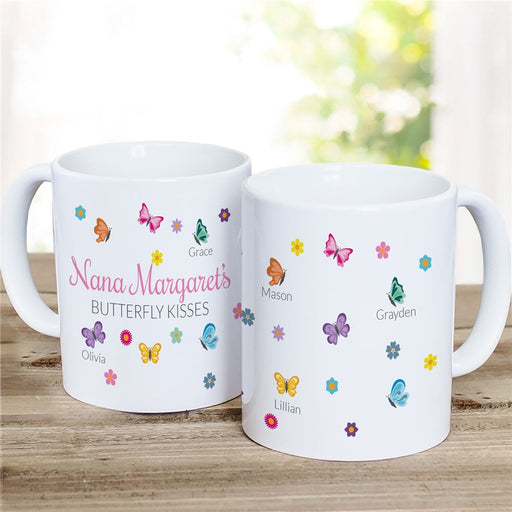 Butterfly Kisses with Names and Flowers Coffee Mug White 11oz - Personalized Butterfly Mug with Floral Design - Way Up Gifts