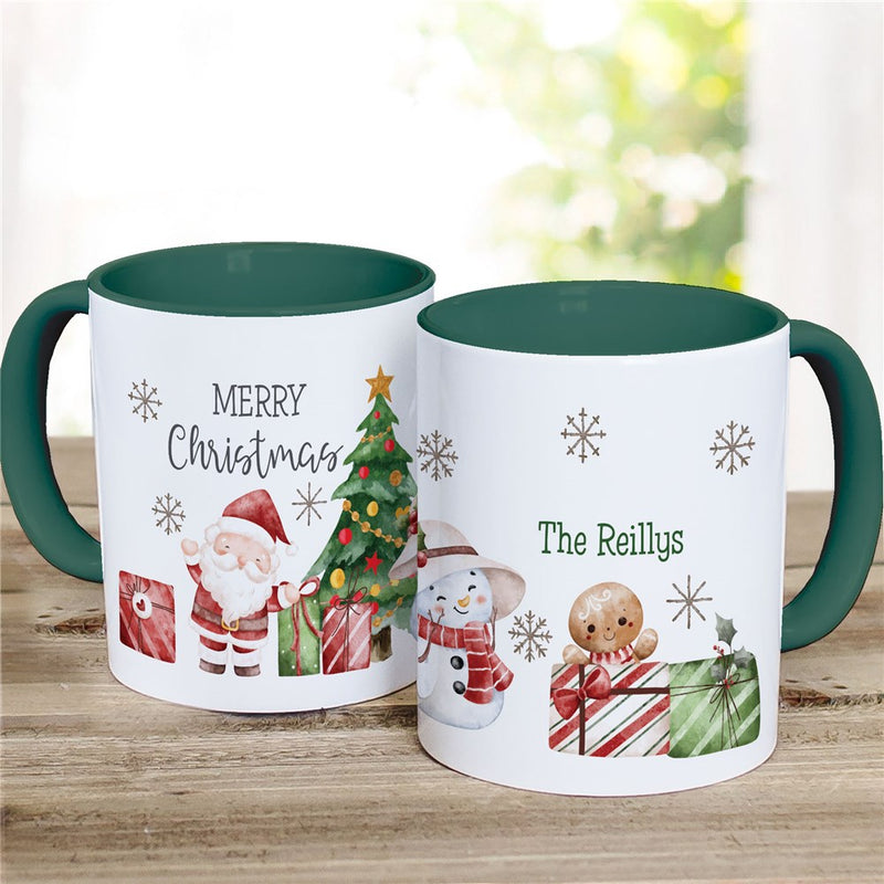 Cute Watercolor Santa and Snowmen with Family Name Ceramic Mug with Dark Green Inside/Handle - Personalized Holiday Family Mug - LED Gift Works