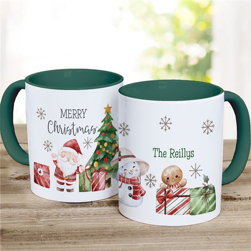 Cute Watercolor Santa and Snowmen with Family Name Ceramic Mug with Dark Green Inside/Handle - Personalized Holiday Family Mug - Way Up Gifts