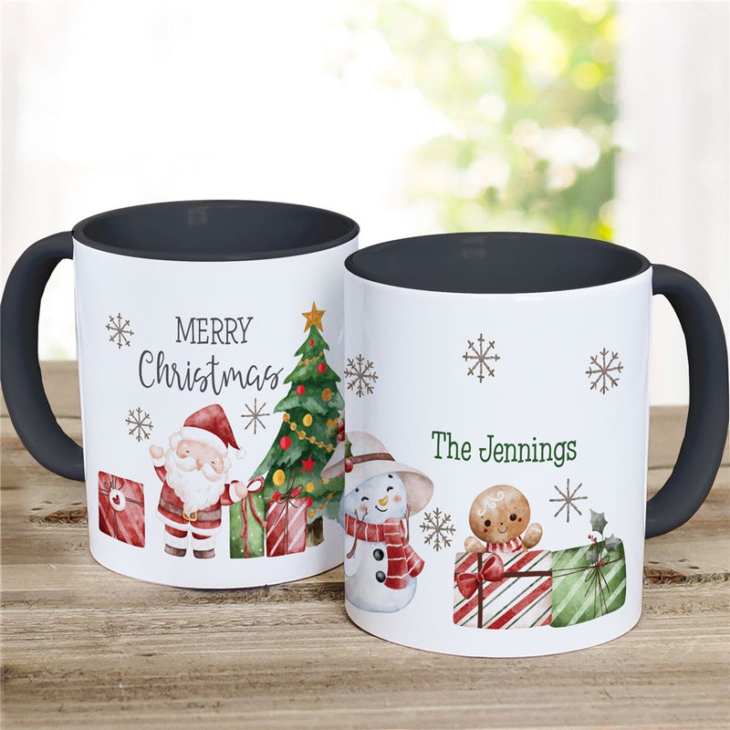 Cute Watercolor Santa and Snowmen with Family Name Coffee Mug - Custom Christmas Mug - LED Gift Works