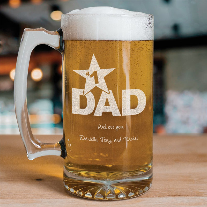 Personalized #1 Dad Sports Glass Mug – Custom Engraved Father’s Day Gift – Big Beer Mug - LED Gift Works