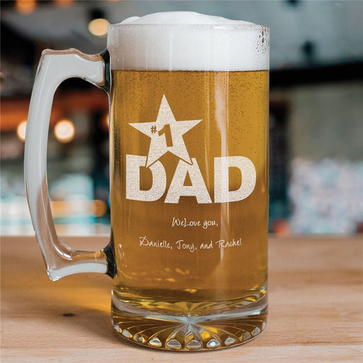 Personalized #1 Dad Sports Glass Mug – Custom Engraved Father’s Day Gift – Big Beer Mug - Way Up Gifts
