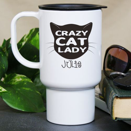 Personalized Crazy Cat Lady Travel Mug – Custom Cat Lover’s Funny Cat Mom Travel Coffee Mug - LED Gift Works