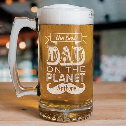 Personalized Best Dad on the Planet Glass Mug – Custom Engraved Beer Mug with Name – Unique Gift for Dad - Way Up Gifts