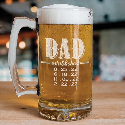 Personalized Dad Established Beer Mug – Engraved Father's Day Gift with Kids' Birth Years – Custom Big Glass Mug for Dad or Grandpa - Way Up Gifts