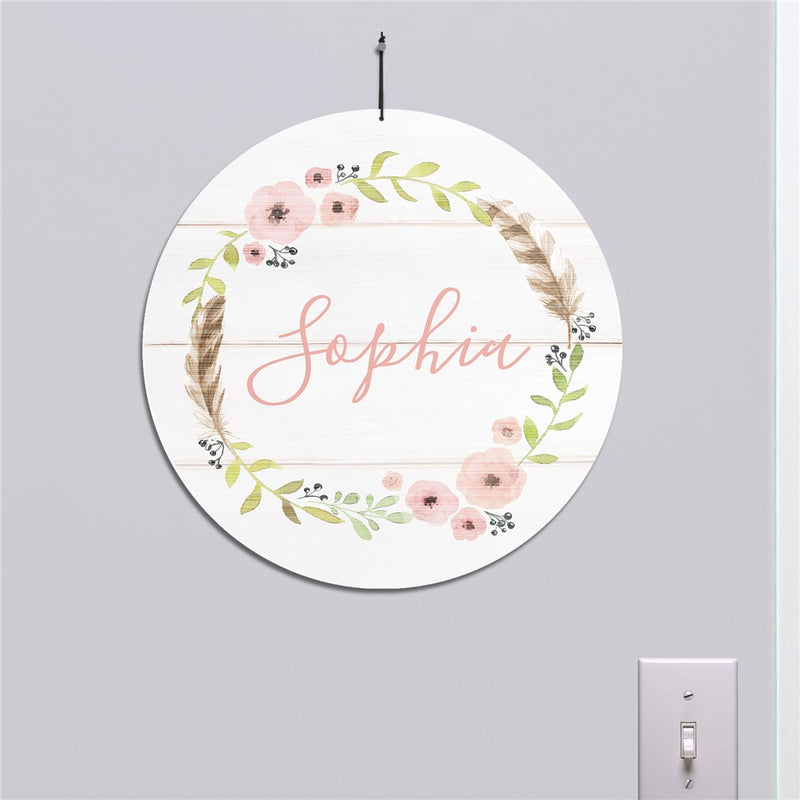 Personalized Flower Wreath Round Wall Sign- Custom Floral Home Decor - LED Gift Works