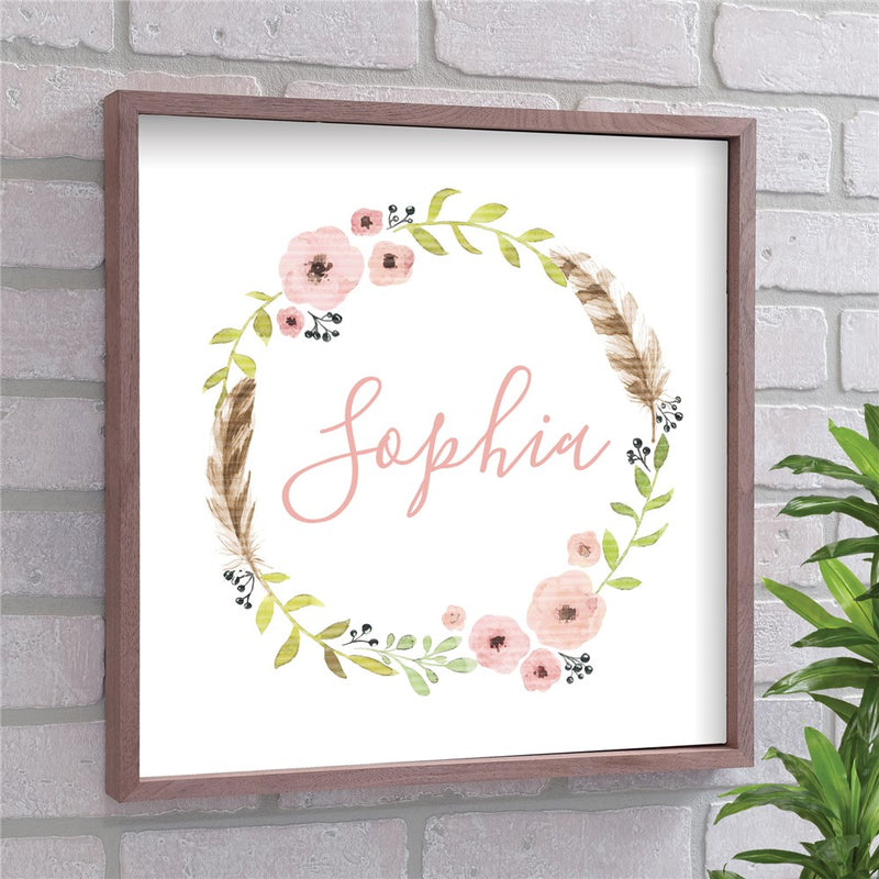 Personalized Flower Wreath Wall Sign - Custom Framed Floral Home Decor - LED Gift Works
