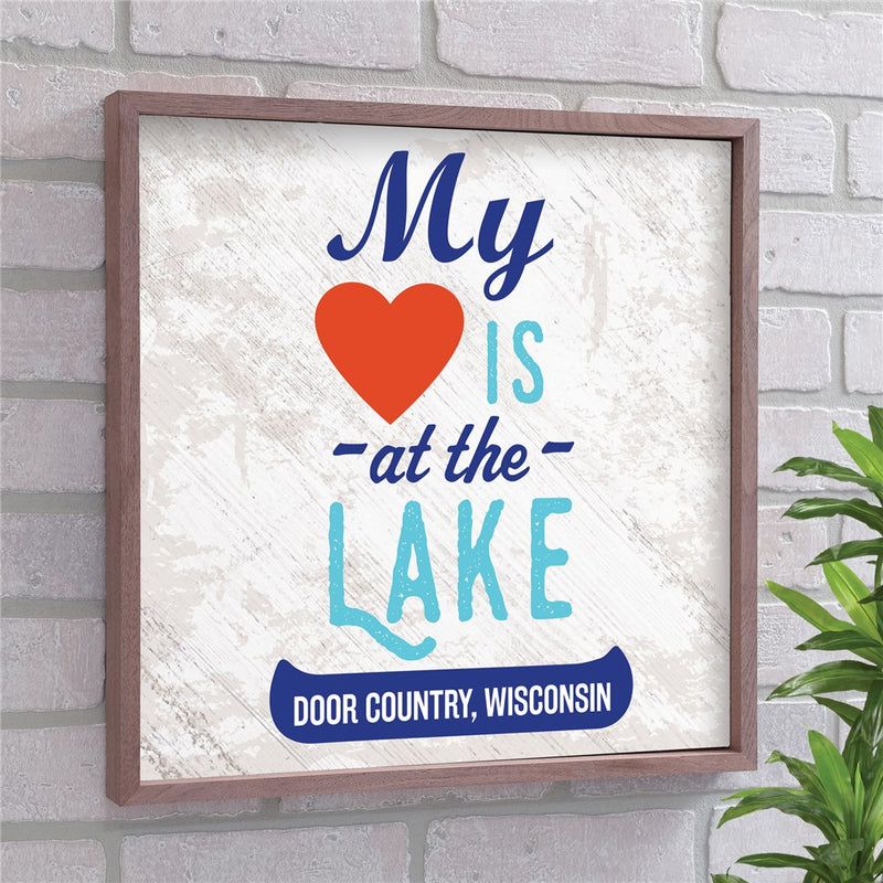 Personalized My Heart Is at the Lake Wall Sign - Rustic Wood Lake House Decor - LED Gift Works