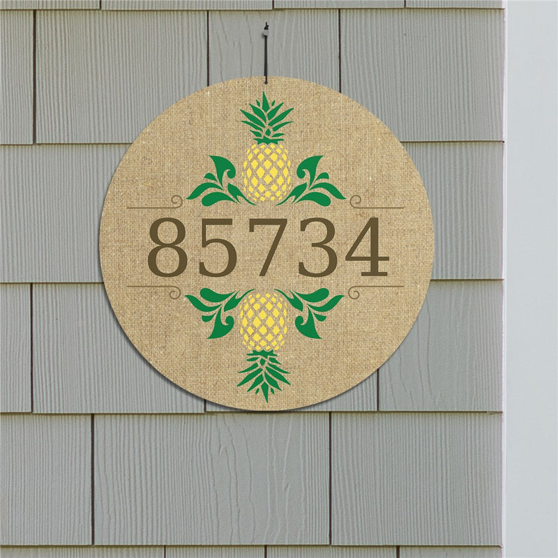 Personalized Pineapples on Burlap Address Sign- Custom Tropical Outdoor Wall Decor - LED Gift Works