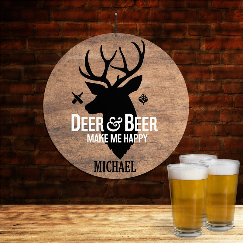 Personalized Deer and Beer Round Wall Sign- Custom Hunting and Drinking Lodge Decor - LED Gift Works