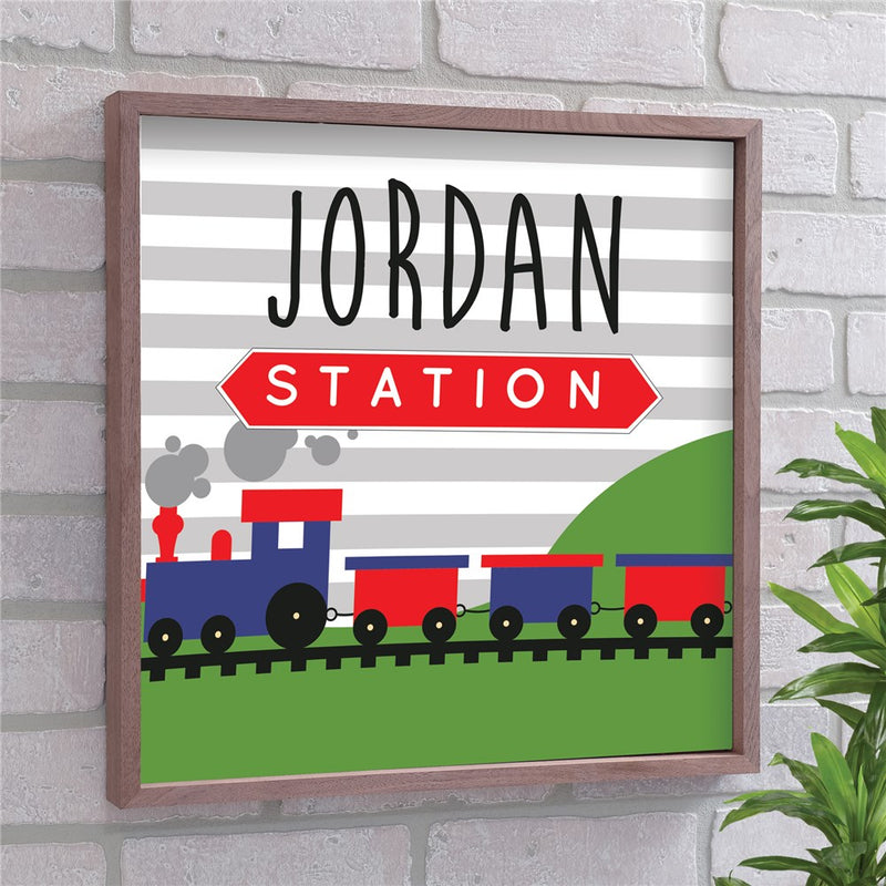 Personalized Train Wall Sign - Framed Custom Kids Transportation Room Decor - LED Gift Works