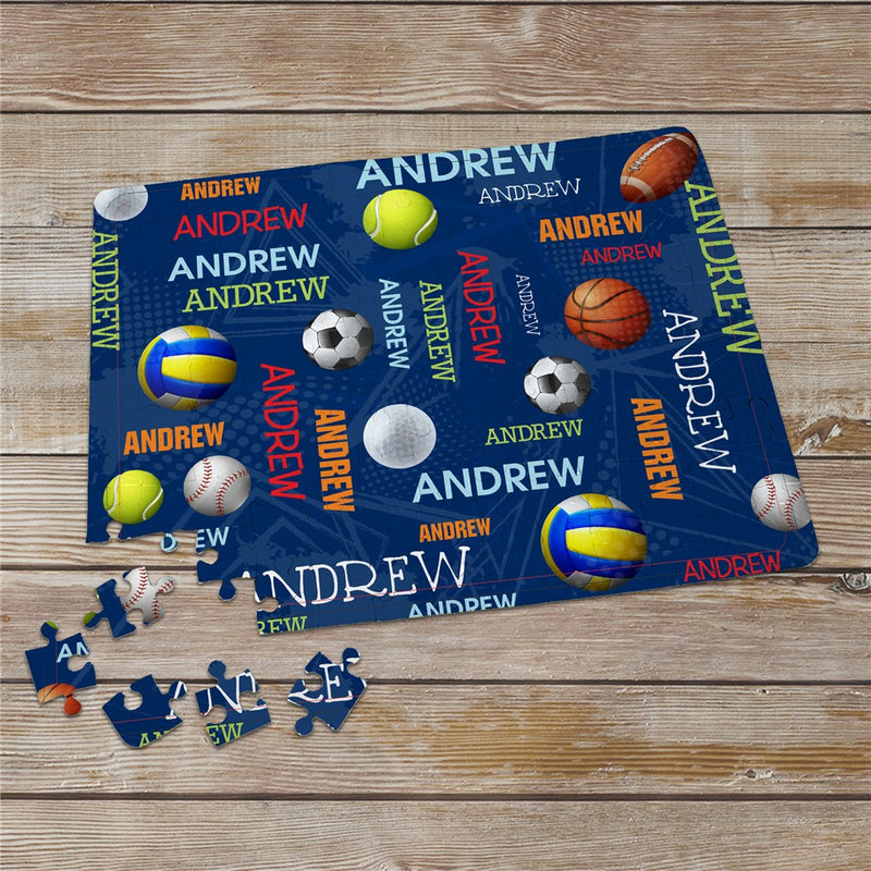Custom Sports Ball Name Collage Rectangle Glossy Jigsaw Puzzle - 130 Pieces - LED Gift Works