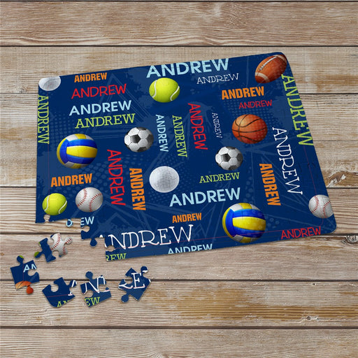 Custom Sports Ball Name Collage Rectangle Glossy Jigsaw Puzzle - 130 Pieces - LED Gift Works