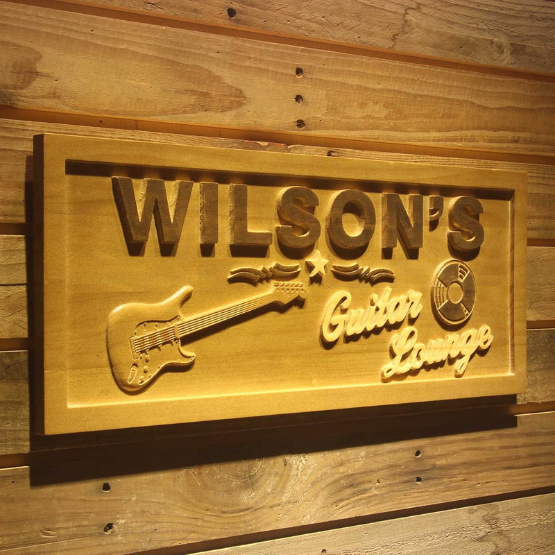 Personalized Guitar Lounge Custom Wood Sign 3D Engraved Wall Plaque - LED Gift Works