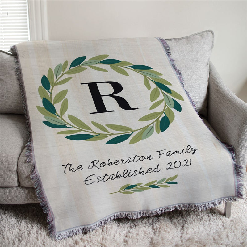 Personalized Green Olive Wreath With Initial Afghan Throw - Elegant Monogram Blanket - LED Gift Works